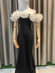 Black Party wear with Front White roses Flower - PDBlWFlo049
