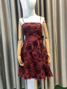Maroon Short Dress with black flower One Piece - PDMaShBlFlo017