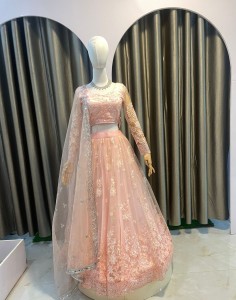 Peach Pink Lehenga Set with white flower
