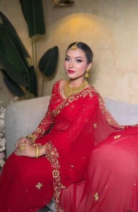 red handwork saree