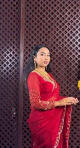 red handwork saree