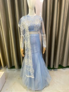 Ocean Blue Organza Plain Skirt with Beaded Blouse