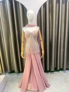 Onion Peach Short Kurtha Set Beaded (string)