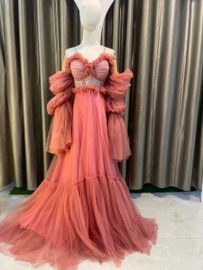 Dark Peach Eye-Cup Design Chest Beaded Gown