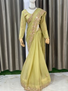 Pistachio Green Organza Sari with Rose Gold Work and Pink Sequins