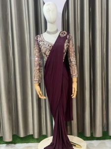 Wine Ready-to-Wear Saree with Heavy Work Blouse